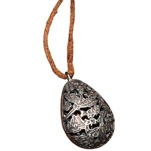 Filigree Puffed Teardrop Pendant Necklace With Leather Chain Forest Vintage